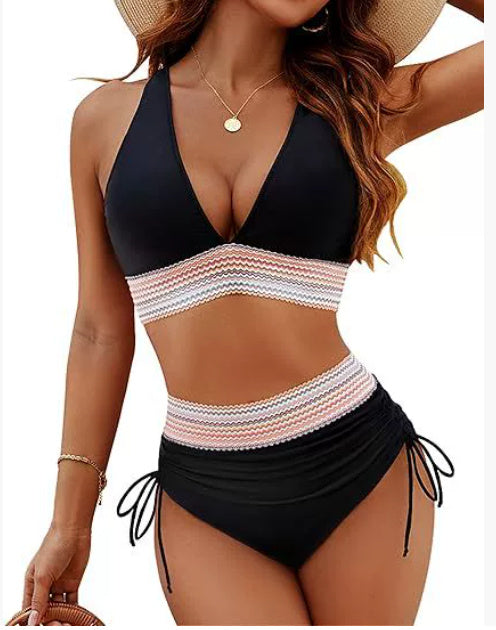 High Waisted Bikini Set With Colour Blocking Drawstring Swimsuit