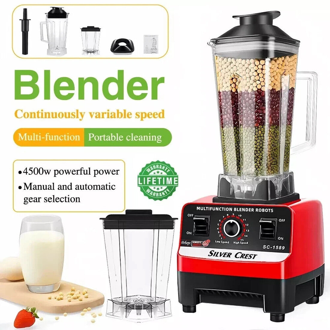 4500W Multifunctional Blender Food Processor Smoothie Juicer Ice Crusher 2 Jugs