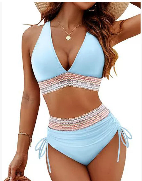 High Waisted Bikini Set With Colour Blocking Drawstring Swimsuit
