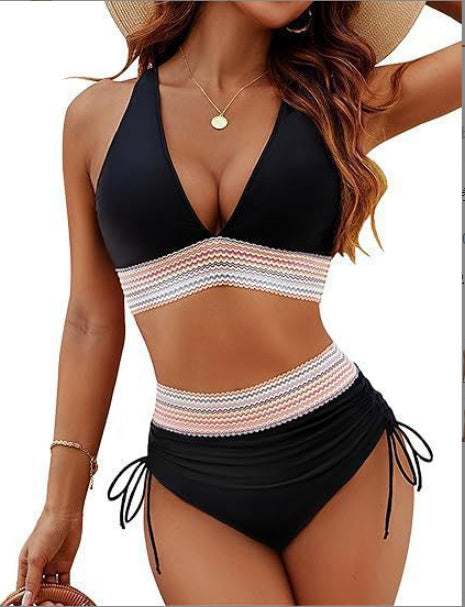 High Waisted Bikini Set With Colour Blocking Drawstring Swimsuit
