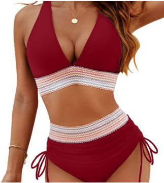 High Waisted Bikini Set With Colour Blocking Drawstring Swimsuit