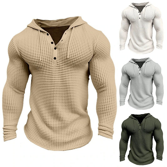 Men's Pullover Casual Long Sleeve T-shirt Waffler Slim Tops Sweat-shirt Solid Colour Comfortable Men's Outdoor Streetwear S-3XL