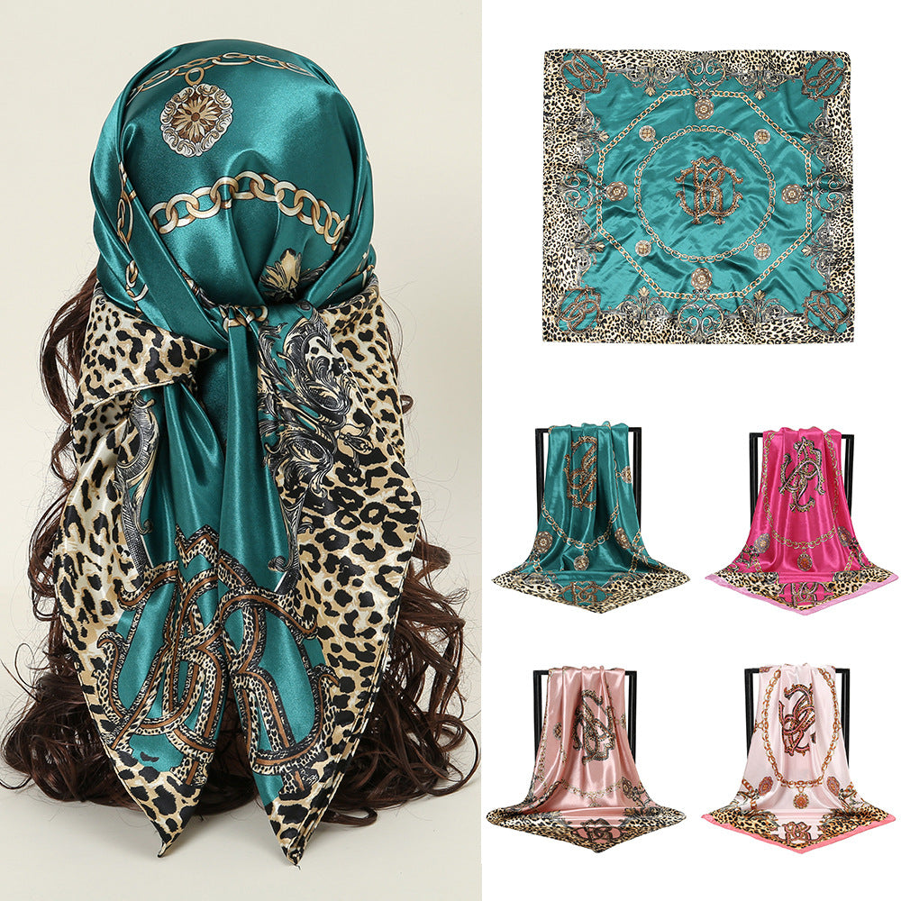Leopard-print Chain Decorative Satin Scarf