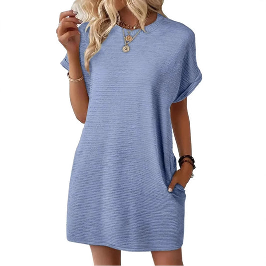 Loose Round Neck Pocket Solid Colour Short Sleeve Dress Women