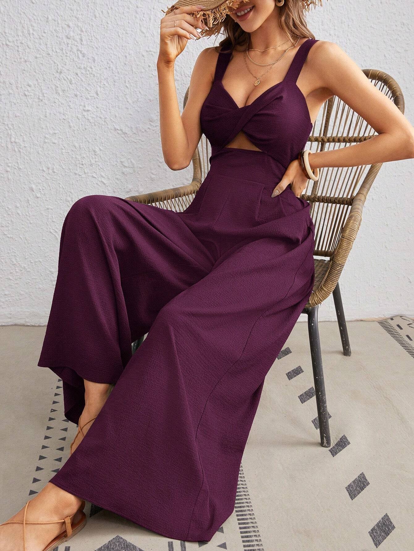 Women's Solid Colour Loose Overall One Piece Summer Beach Jumpsuit With Spaghetti Straps